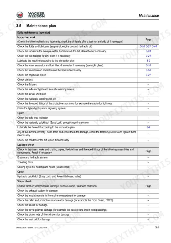 Wacker Neuson EZ38 daily maintenance plan table covering inspection, leakage checks, and visual checks for excavator components.