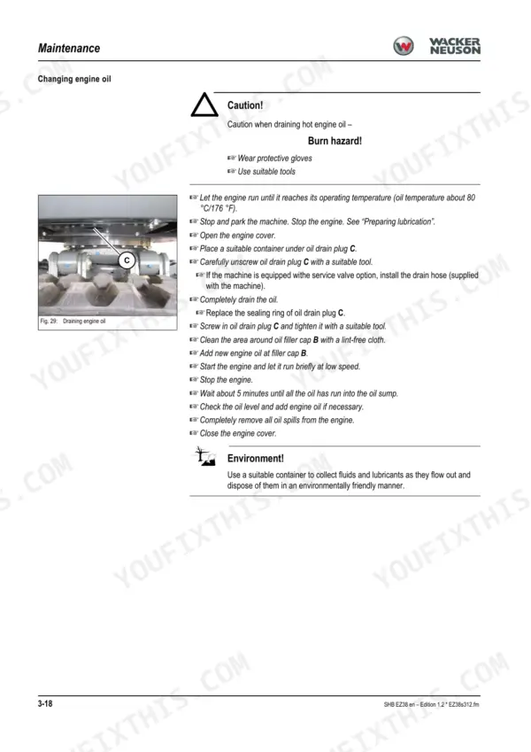 Wacker Neuson EZ38 maintenance procedure for changing engine oil, showing drain plug C location and step-by-step instructions.