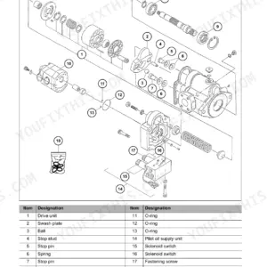Wacker Neuson EZ26, E10-03 hydraulic pump unit exploded view diagram with parts list including drive unit and solenoid switch.