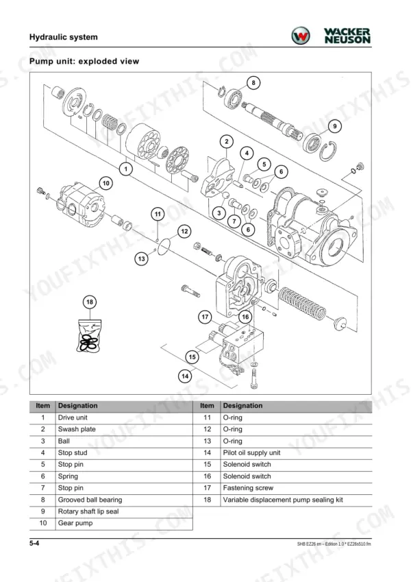 39b26817-b-exploded-view-189 Wacker Neuson EZ26, E10-03 hydraulic pump unit exploded view diagram with parts list including drive unit and solenoid switch.