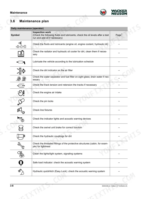 Wacker Neuson EZ26, E10-03 daily maintenance plan table listing inspection tasks for fluids, filters, tracks, and safety systems.