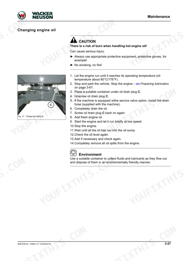 Wacker Neuson EZ26, E10-03 maintenance manual page showing step-by-step procedure for changing engine oil and drain plug C.