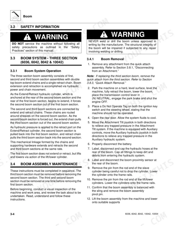 JLG 6036, 6042, 8042, 10042, 10054 boom system operation and boom removal procedures manual page