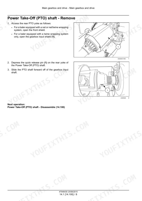 Case IH RB455A service manual procedure for removing the Power Take-Off (PTO) shaft, showing gearbox input shield and quick release pin.