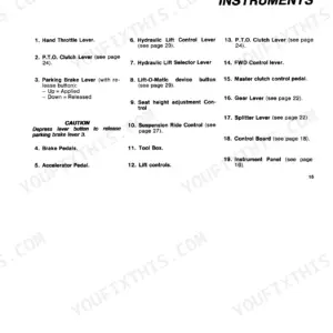 Fiat 55-56, 60-56, 65-56, 70-56 list of tractor controls and instruments including levers, pedals, and lift controls.