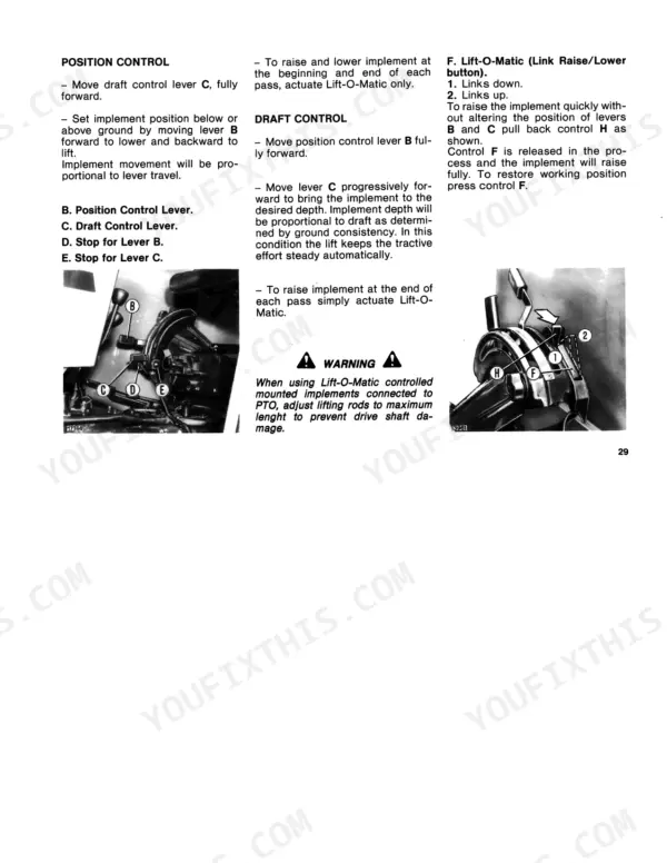 Fiat 55-56, 60-56, 65-56, 70-56 operator manual page showing position control, draft control, and Lift-O-Matic lever operation.