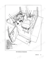 Versatile 835, 855, 875, 895 cab controls and instruments diagram showing operator seat, pedals, levers, and gauges.
