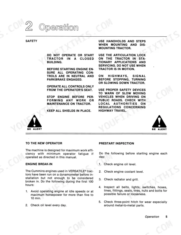 Versatile 835, 855, 875, 895 operation manual safety, engine break-in, and prestart inspection procedures.