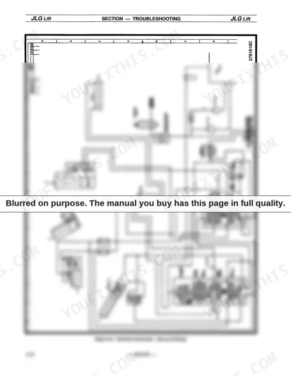 JLG 34HA hydraulic schematic diagram for gas and diesel models showing pumps, valves, and cylinders.