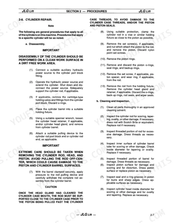 JLG 34HA service manual page detailing cylinder repair, disassembly, cleaning, and inspection procedures for hydraulic cylinders.
