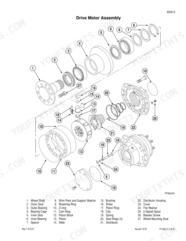 Case 2555 Cotton Picker exploded view diagram of the drive motor assembly with numbered parts list and components.