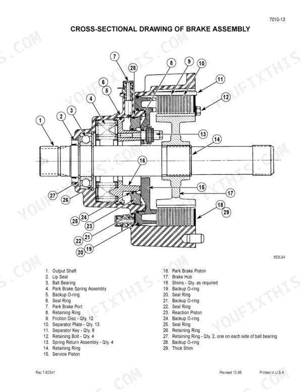 Case 2555 Cotton Picker cross-sectional diagram of brake assembly with numbered parts list for service and repair.