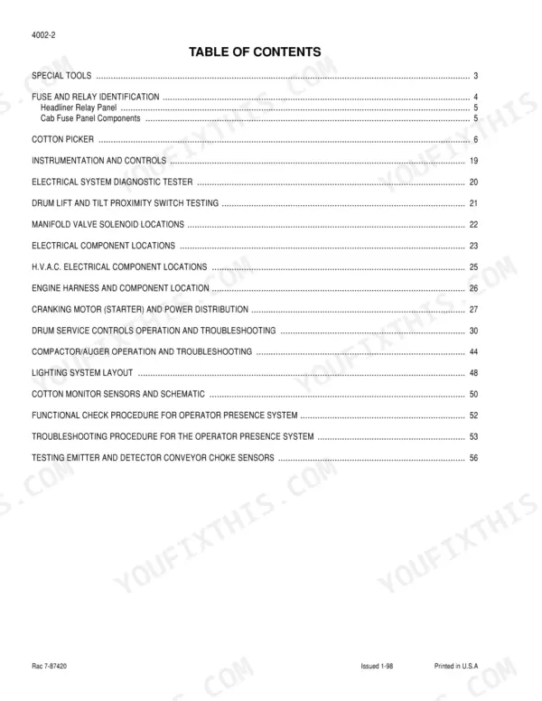 Case 2555 Cotton Picker service manual table of contents listing electrical, diagnostic, and system procedures.