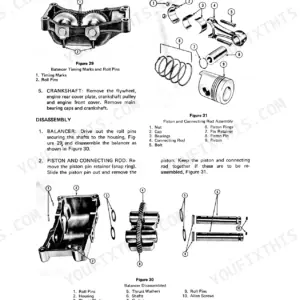 Ford A-62, A-64, A-66 engine balancer, piston, and connecting rod exploded view diagrams and disassembly procedures.