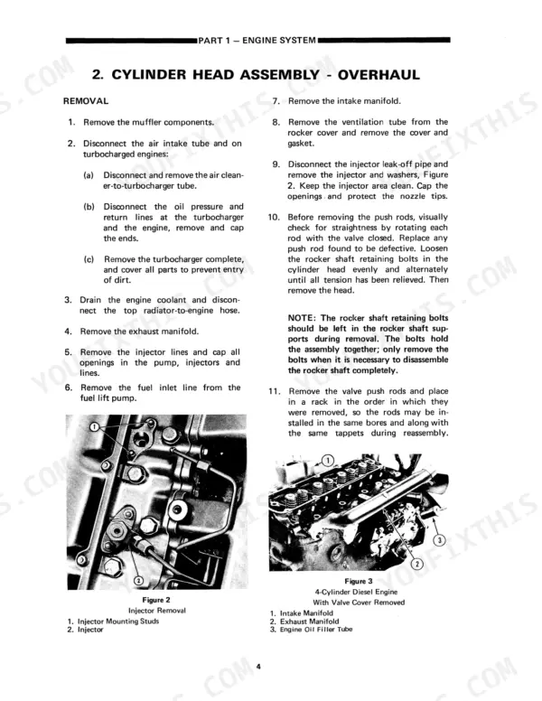 Ford A-62, A-64, A-66 cylinder head assembly overhaul removal procedures with injector and manifold diagrams.