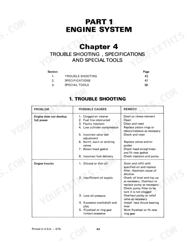 Ford A-62, A-64, A-66 engine troubleshooting table for low power and engine knocks, including causes and remedies.