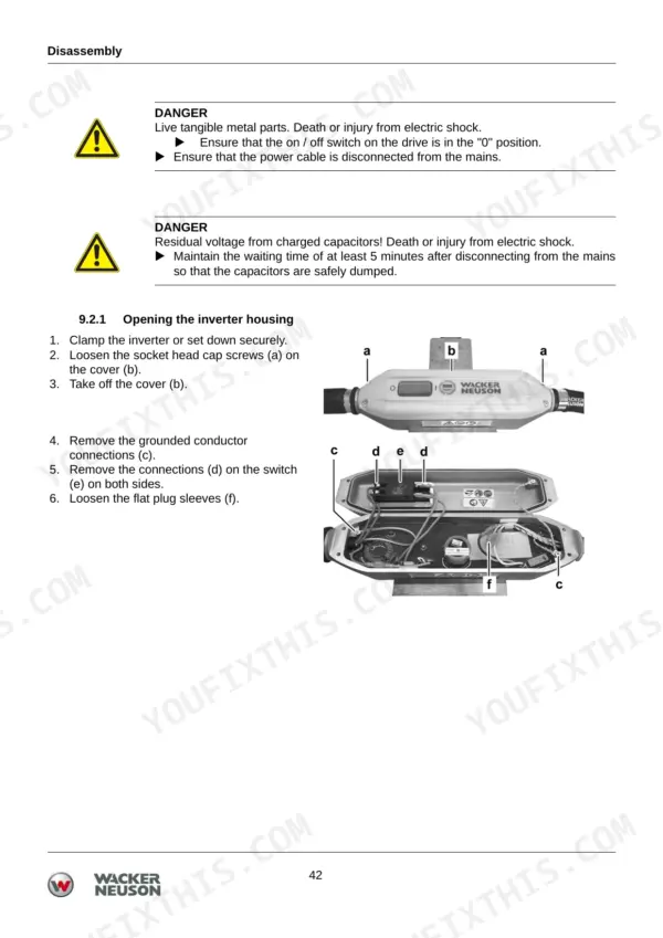 Wacker Neuson IREN, IRFU disassembly procedure for opening the inverter housing with component diagram and safety warnings.