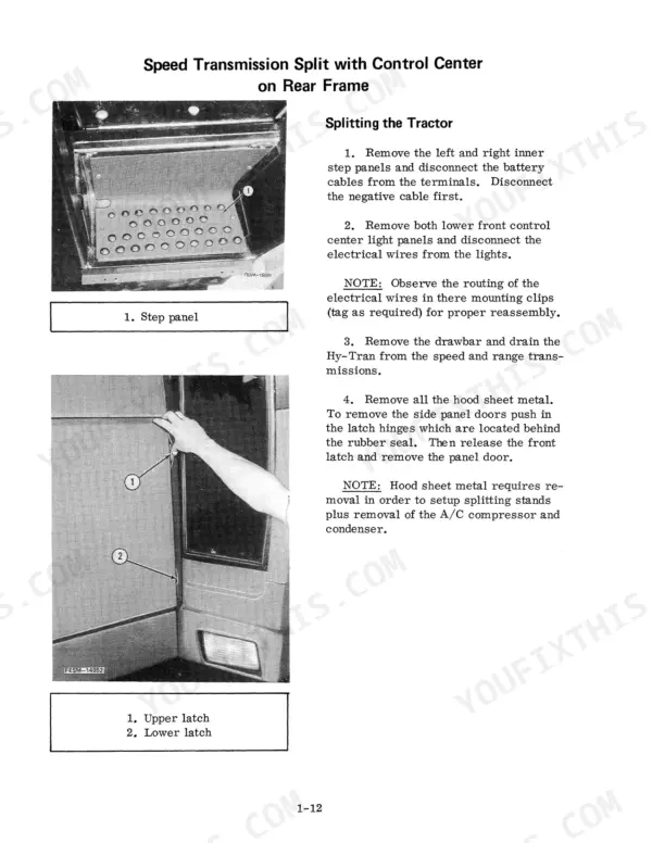 557063ef-b-procedures-31 International 3088, 3288, 3488, 3688 service manual procedure for splitting the tractor and removing step panels and hood sheet metal.