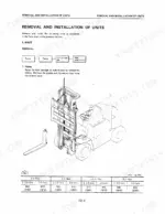 57516515-b-procedures-36 Komatsu FG20-8...FD30H-8 mast removal procedure, piping diagram, and mast weight specification table for various forklift models.