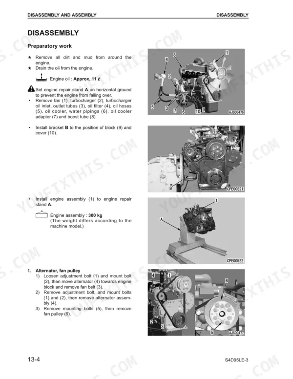 Komatsu S4D95LE-3, CX50, FD40ZY, FD35Y, FD40Y, FD45Y engine disassembly, alternator, and fan pulley removal procedures.