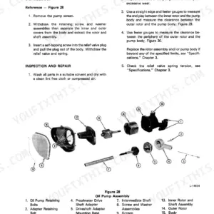 Ford 455 oil pump assembly exploded view diagram and disassembly, inspection, and repair procedures for pump components.