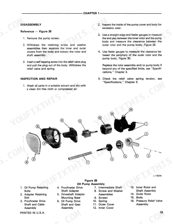 5a3f703d-b-exploded-view-25 Ford 455 oil pump assembly exploded view diagram and disassembly, inspection, and repair procedures for pump components.