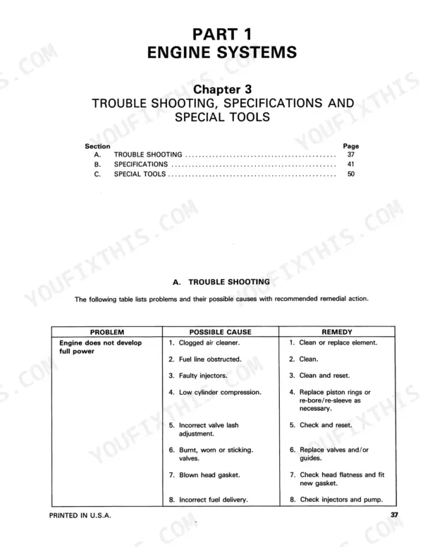 Ford 455 engine troubleshooting table for engine power loss, listing possible causes and remedies for repair.