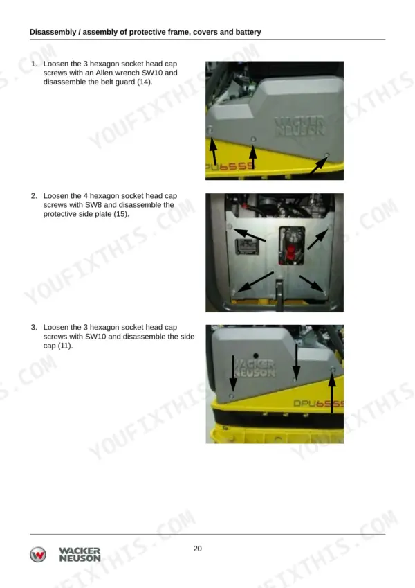 Wacker Neuson DPU 6555H disassembly steps for protective frame, side plates, and belt guard.