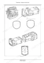 New Holland TD65F, TD75F, TD85F mechanical transmission exploded view showing engine, transmission housing, and gasket components.