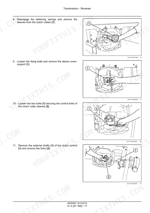 New Holland TD65F, TD75F, TD85F transmission reverser service manual: removing clutch collar sleeves, control forks, and shafts.