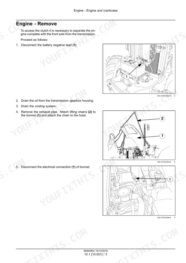 New Holland TD65F, TD75F, TD85F engine removal procedure, showing battery, bonnet lifting, and electrical connection steps.