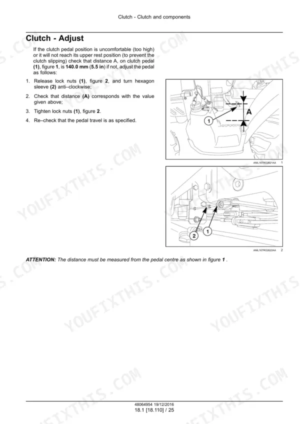 New Holland TD65F, TD75F, TD85F clutch pedal adjustment procedure, showing pedal travel measurement and lock nut adjustment.
