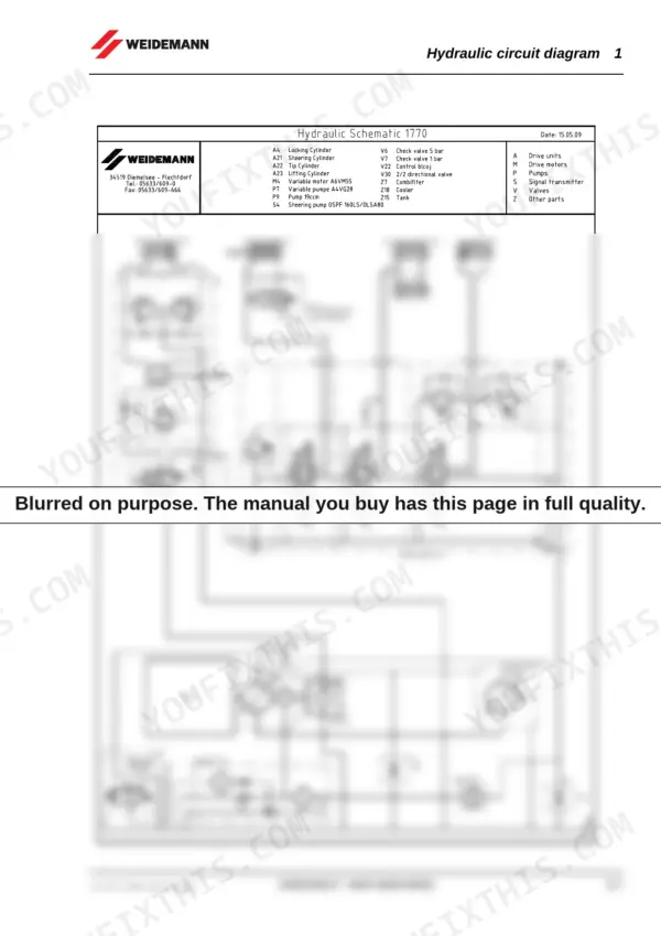 Weidemann 1770 CX50 hydraulic circuit diagram showing steering, locking, lifting, and tip cylinders with control block V22.
