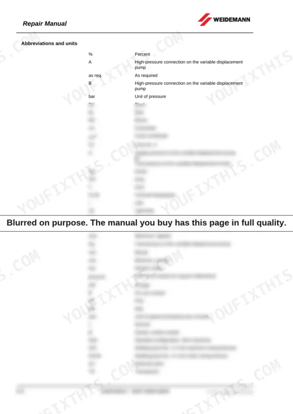 Weidemann 1770 CX50 repair manual page showing a table of abbreviations and units used in the technical documentation.