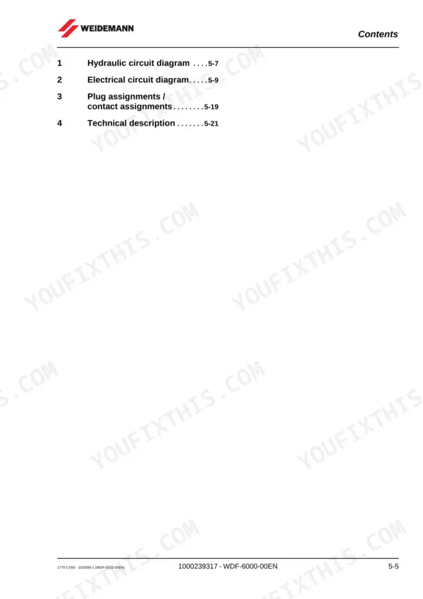 67da6d10-b-toc-315 Weidemann 1770 CX50 service manual contents page listing hydraulic, electrical, plug assignments, and technical descriptions.