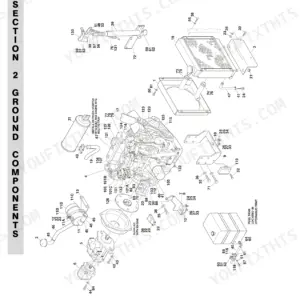 JLG 26MRT exploded view of Vanguard gas engine installation, including radiator, fuel tank, and mounting components.