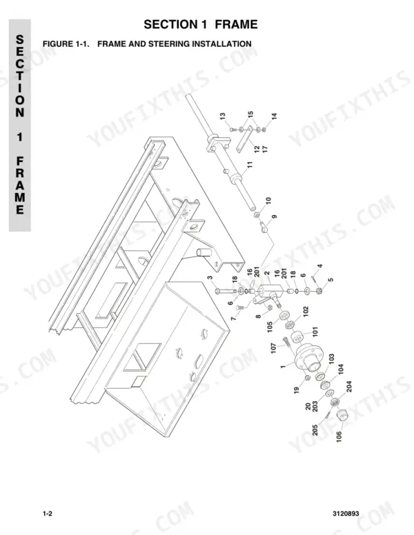 JLG 26MRT exploded view diagram of the frame and steering installation components with numbered parts list references.