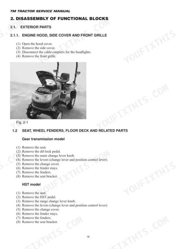 Iseki TM3160, TM3200, TM3240, TM3200FH, TM3240FH disassembly procedures for engine hood, seat, fenders, and floor deck.