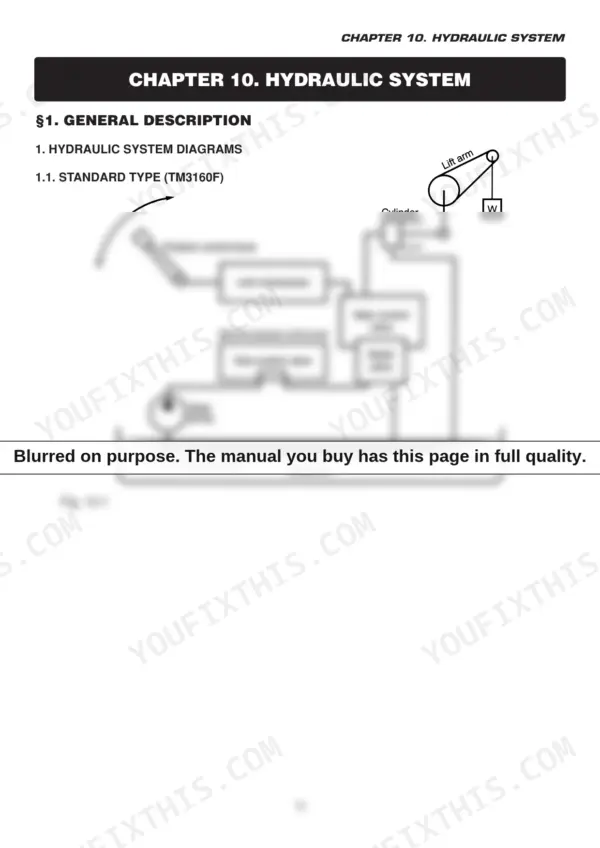 Iseki TM3160, TM3200, TM3240, TM3200FH, TM3240FH hydraulic system diagram showing gear pump, control valves, and lift arm linkage.
