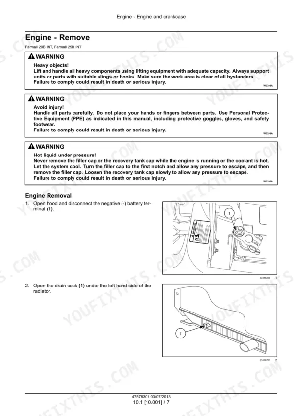 Case IH Farmall 20B, Farmall 25B engine removal procedure, battery terminal and radiator drain cock diagrams.