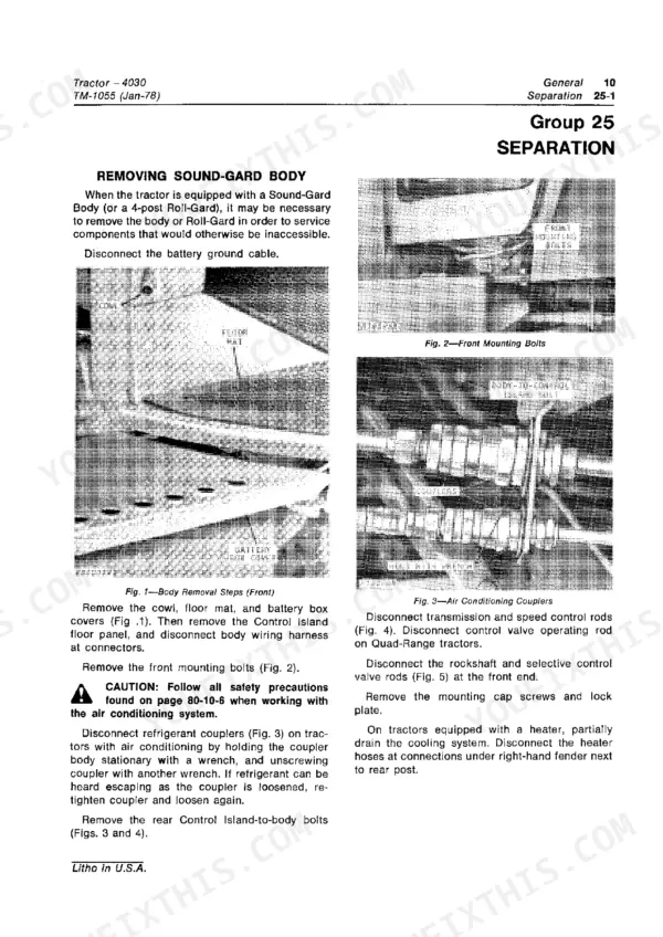 John Deere 4030 service manual procedure for removing Sound-Gard body, including front mounting bolts and AC coupler disconnection.