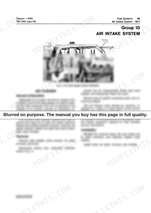John Deere 4030 air intake system diagram, removal and installation procedures for the air cleaner and restriction switch.