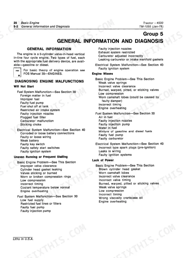 John Deere 4030 engine troubleshooting guide for starting, stalling, missing, and power loss issues.