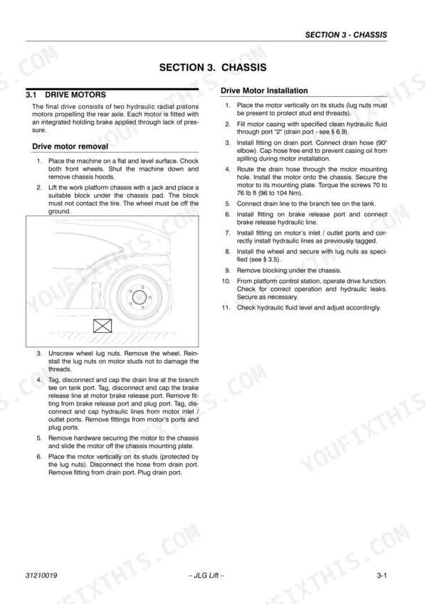 JLG TOUCAN E18MJ, TOUCAN E26MJ drive motor removal and installation procedures, including chassis blocking diagram.