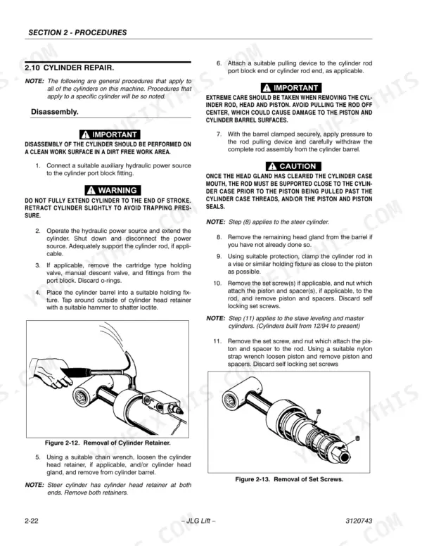 JLG 30e, 35e, n35e, 40e, n40e, 45e service manual procedures for hydraulic cylinder disassembly, retainer and set screw removal.