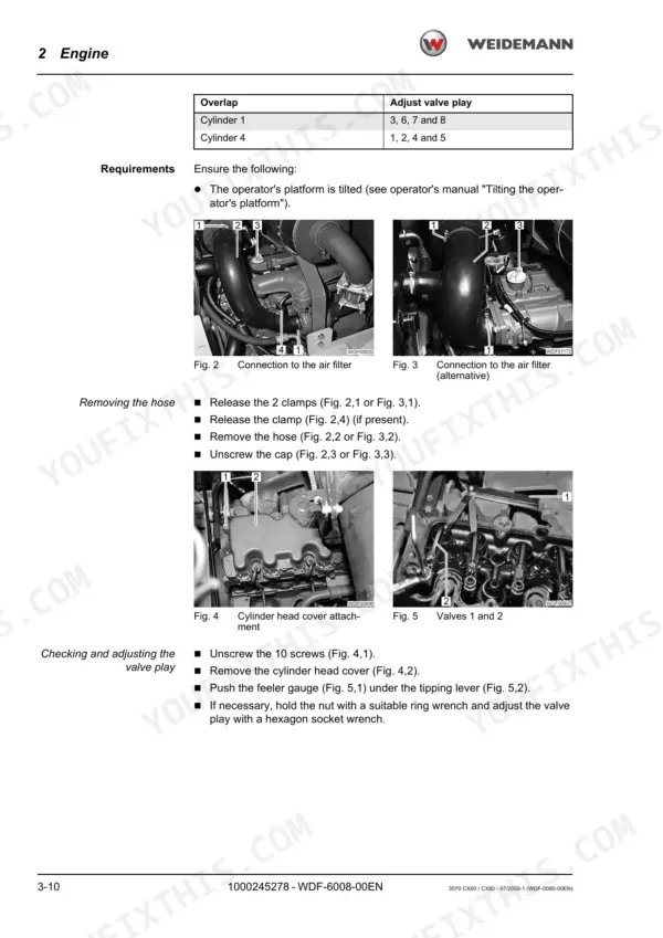 Weidemann 3070 CX60, 3070 CX80 engine manual: valve play adjustment table, air filter hose removal, and cylinder head cover procedure.
