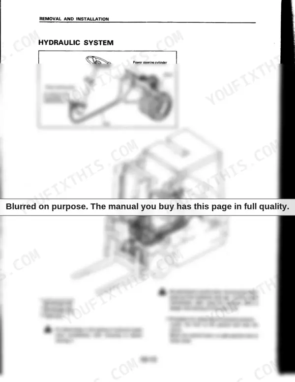 Komatsu FB15M-3, FB18M-3, FB18MG-3, FB20M-3 hydraulic system diagram, power steering components, and pressure release procedures.