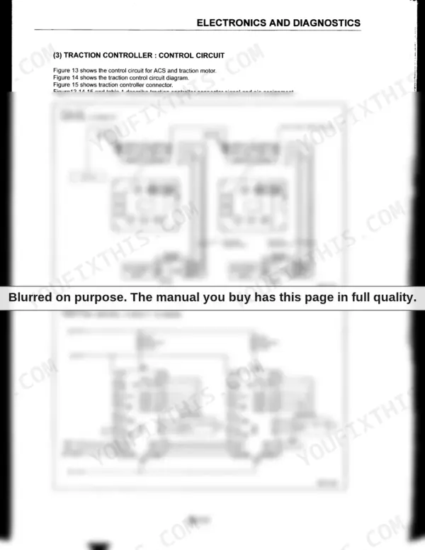 Komatsu FB15M-3, FB18M-3, FB18MG-3, FB20M-3 traction controller control circuit and wiring diagrams for motors and sensors.