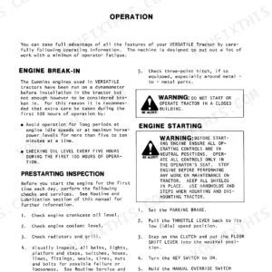 Versatile 750, 800 operator manual page covering engine break-in, prestarting inspection, and engine starting procedures.