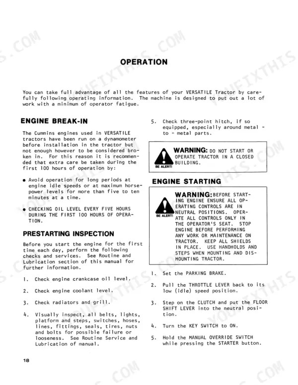 82192f7e-b-operations-22 Versatile 750, 800 operator manual page covering engine break-in, prestarting inspection, and engine starting procedures.